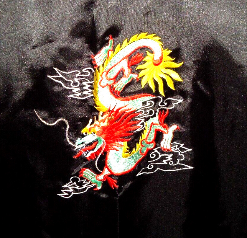 Unisex Asian Midi Kimono Embroidered Dragons Kimono Coverup Reversible O/S