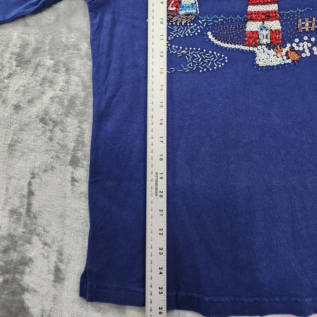 Vintage Quacker Factory Top Womens XS Blue Beaded Sequins Lighthouse Nautical