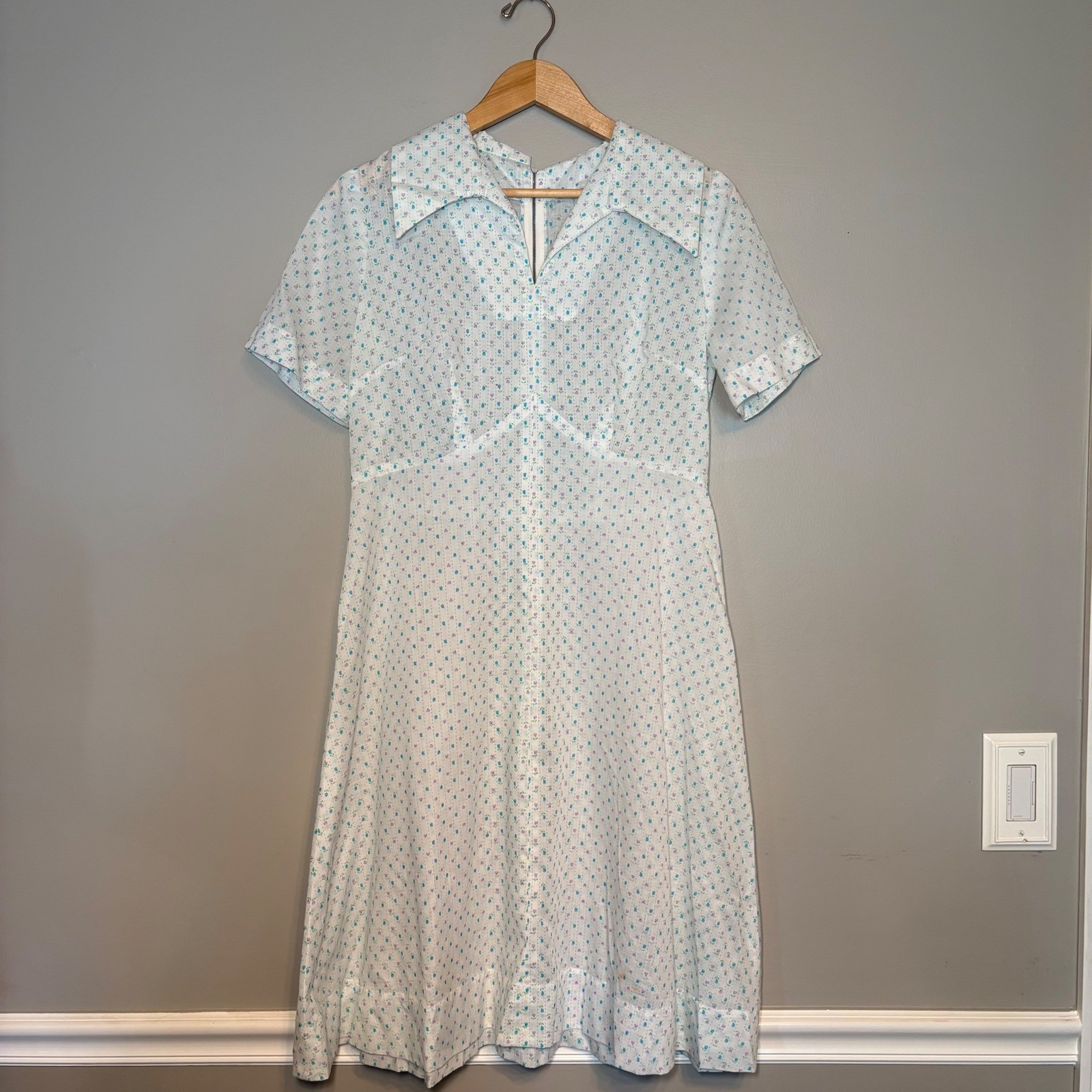 VTG Handsewn 70s Floral Ditsy Midi Dress Blue Purple White Short Sleeve A-Line