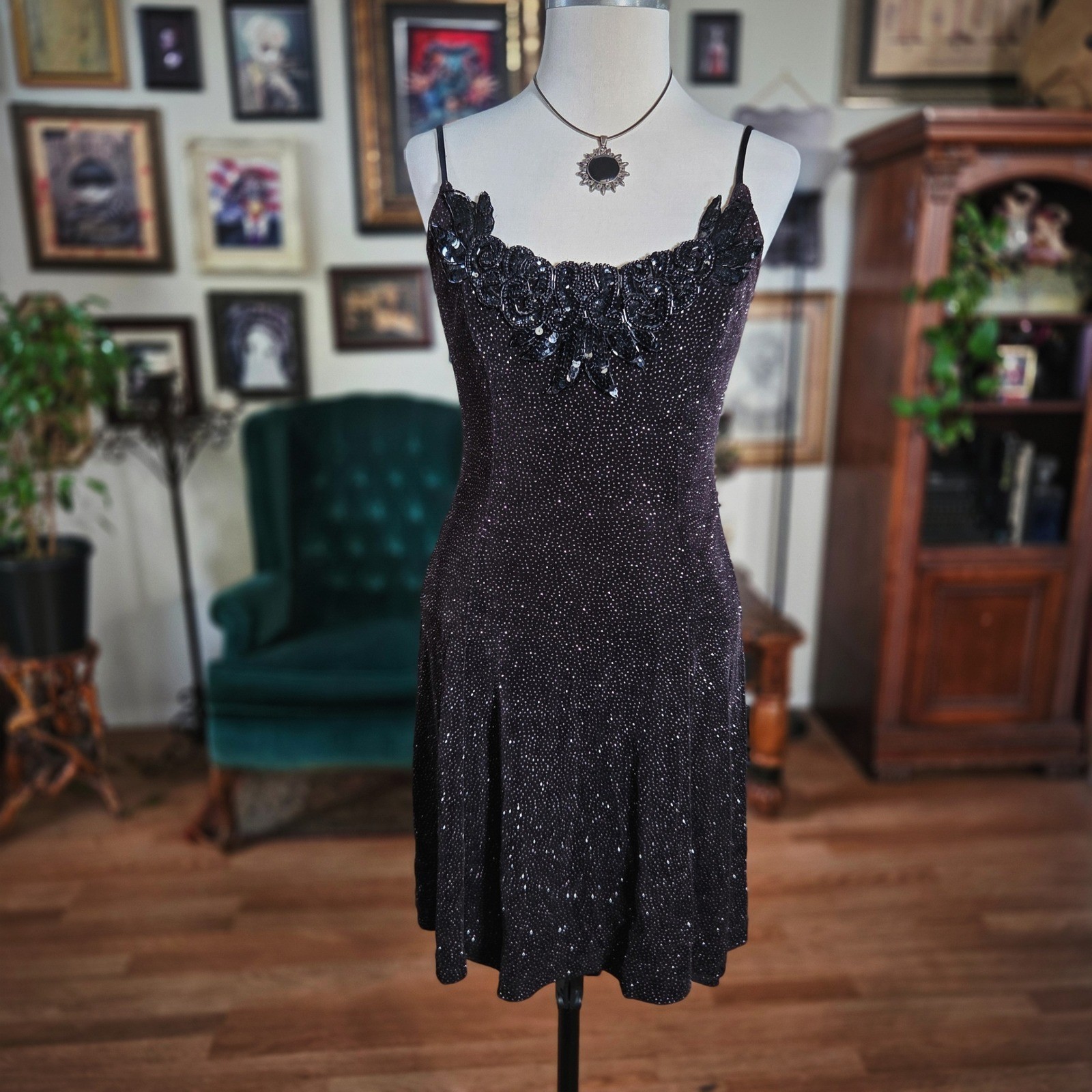 Vintage 90s Bari Jay Black Sequin Beaded Glitter Cocktail Mini Dress