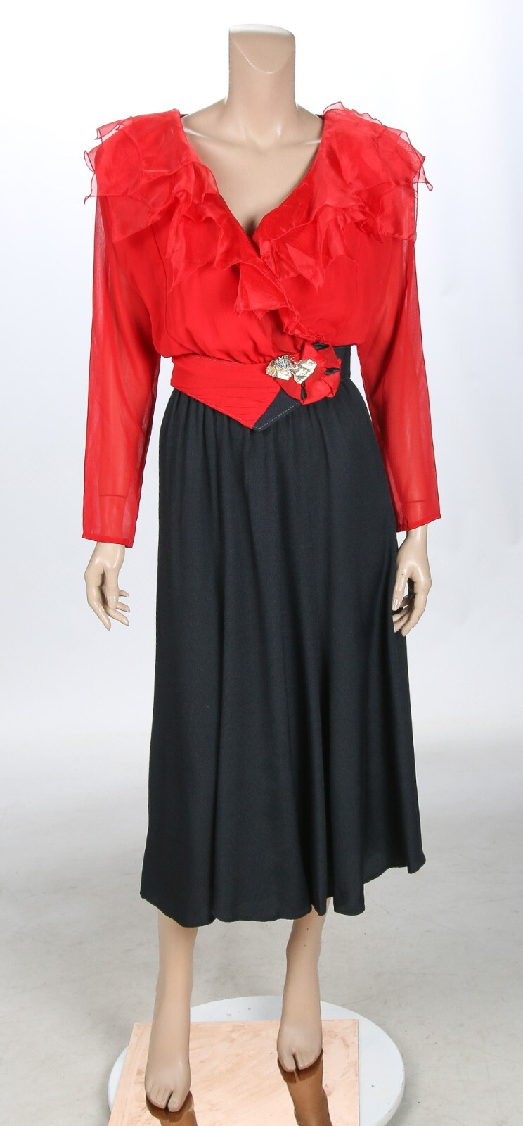 Spencer Alexis Vintage 80s Red & Black Belted Rufffl Cocktail Party Dress sz 8