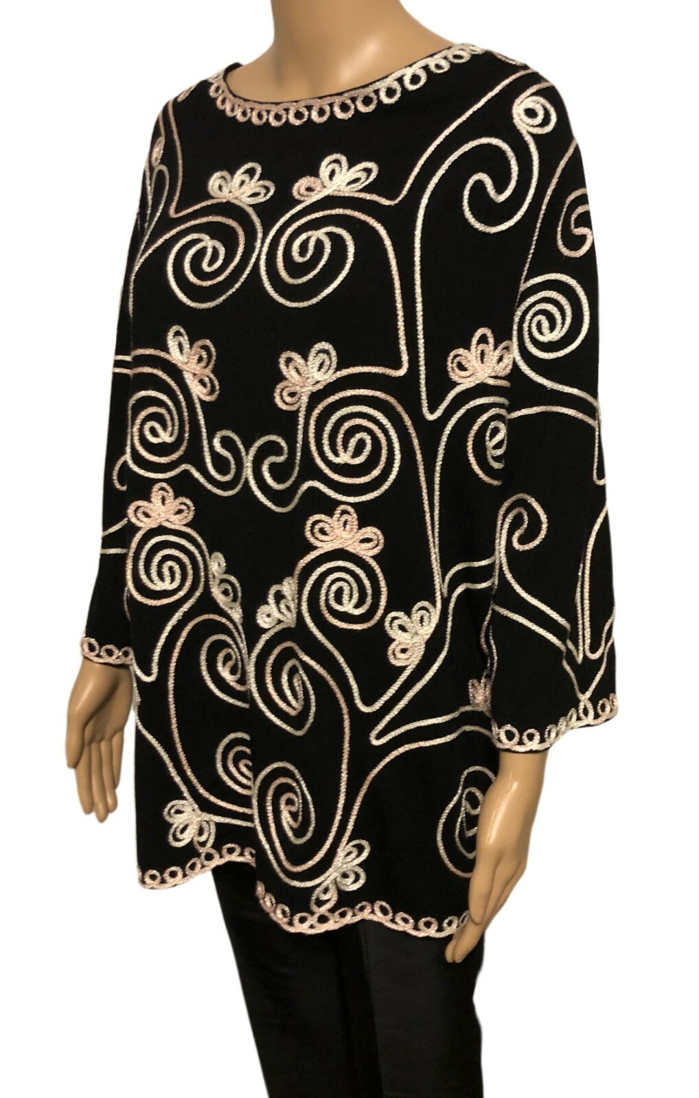 vtg MAGGIE BARNES Soutache Tunic Top 2X Black Stretch Knit Party/Cocktail