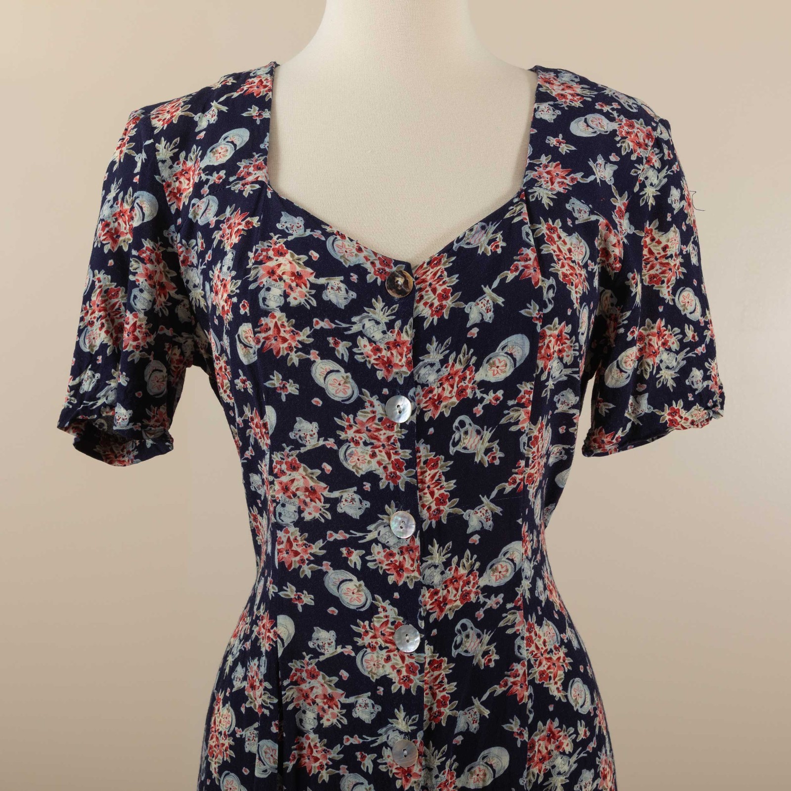 90s Vintage CDC Navy Floral Novelty Print Button Down Midi Dress Grunge 10