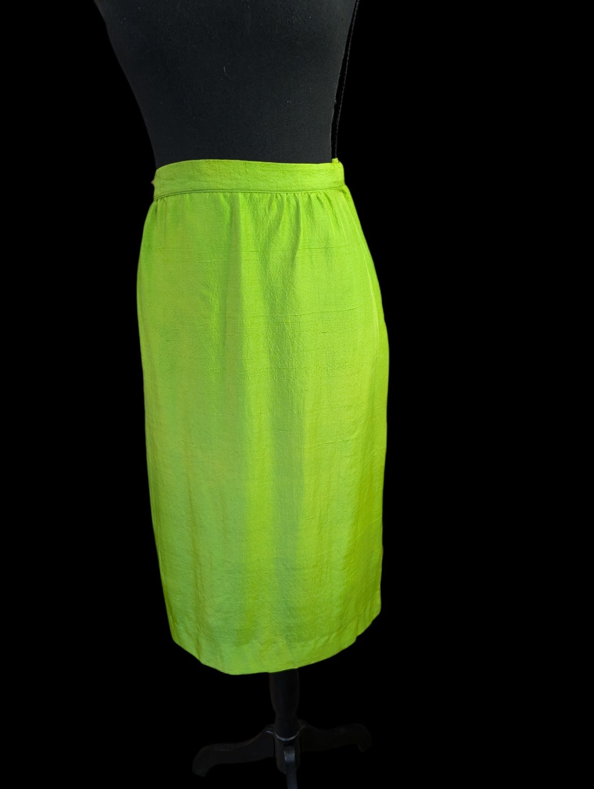 Vintage 60s 70s Chartreuse Green Silk Dupioni Pencil Skirt Mod Cocktail S 4 Or 6