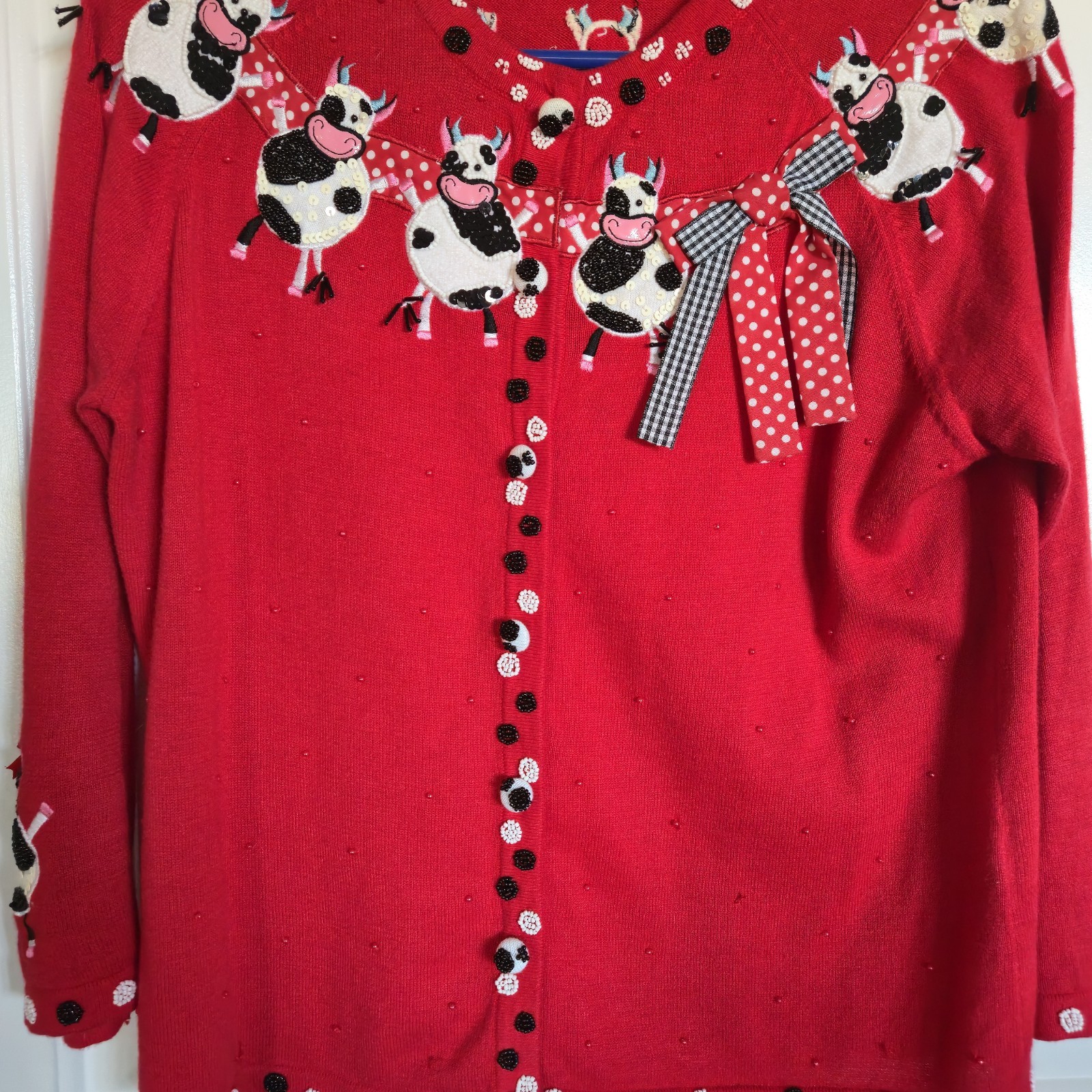 Vintage Dancing Cow Jack B Quick Red Whimsical Small Beaded Sweater Ramie 🐮❤️