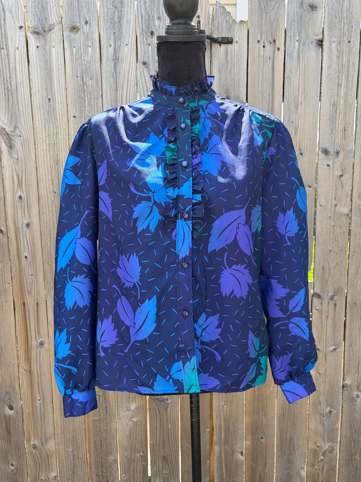 Vintage Shirley of Atlanta Blue Purple Green Leaves Design Polyester Blouse Larg