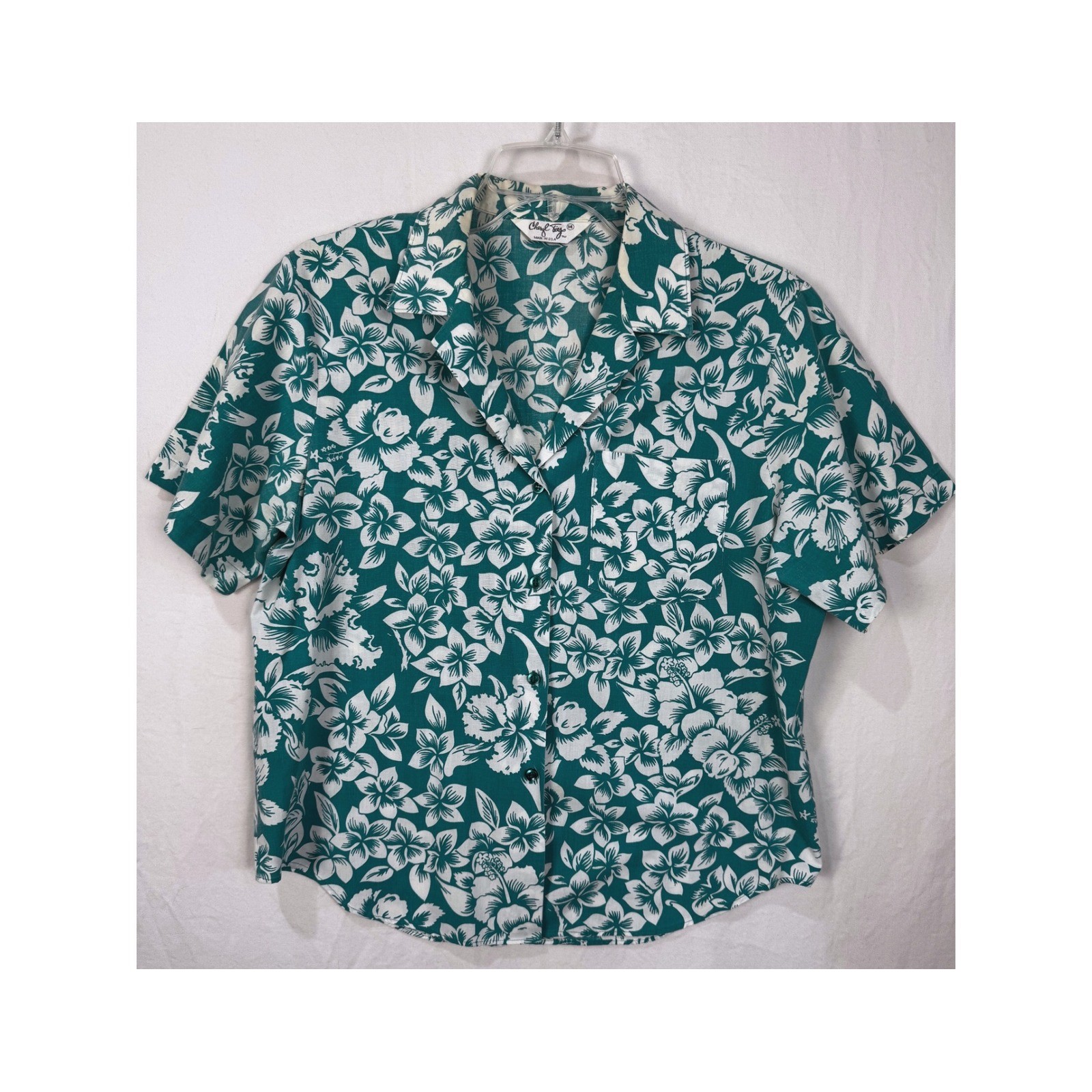 Vintage Cheryl Tiegs Turquoise White Tropical Floral Blouse Made USA Sz 14 M/L
