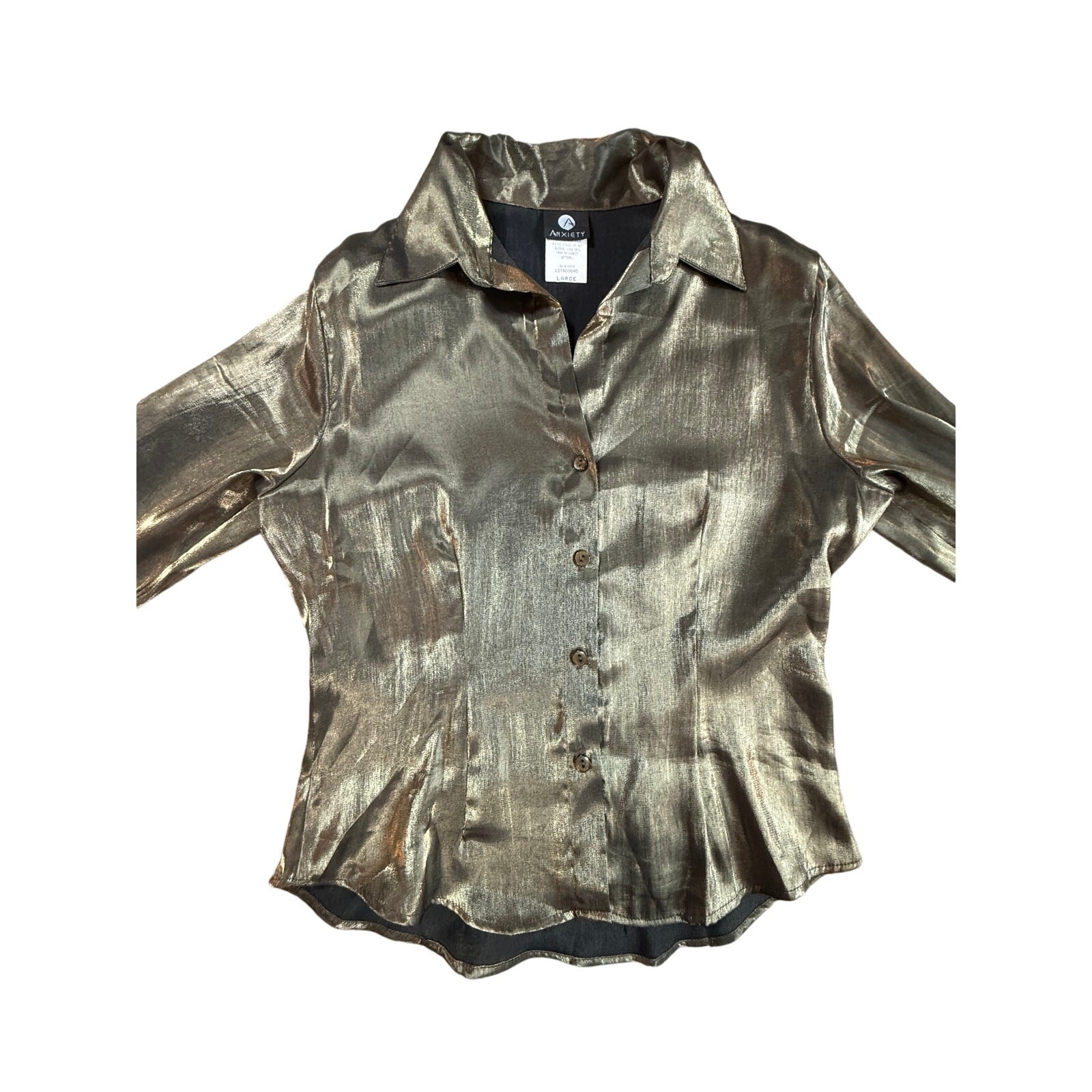 Vintage 90’s “Anxiety” Metallic Gold Iridescent Fitted Ladies Button-Down Blouse
