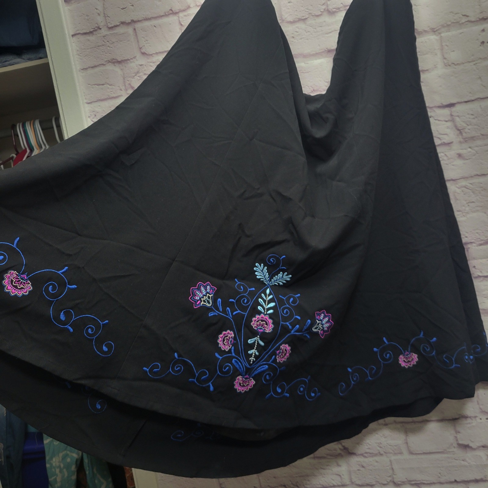 VTG Maggie Barnes Black Embroidered Maxi Skirt 5X Fairy Floral Cottagecore Boho