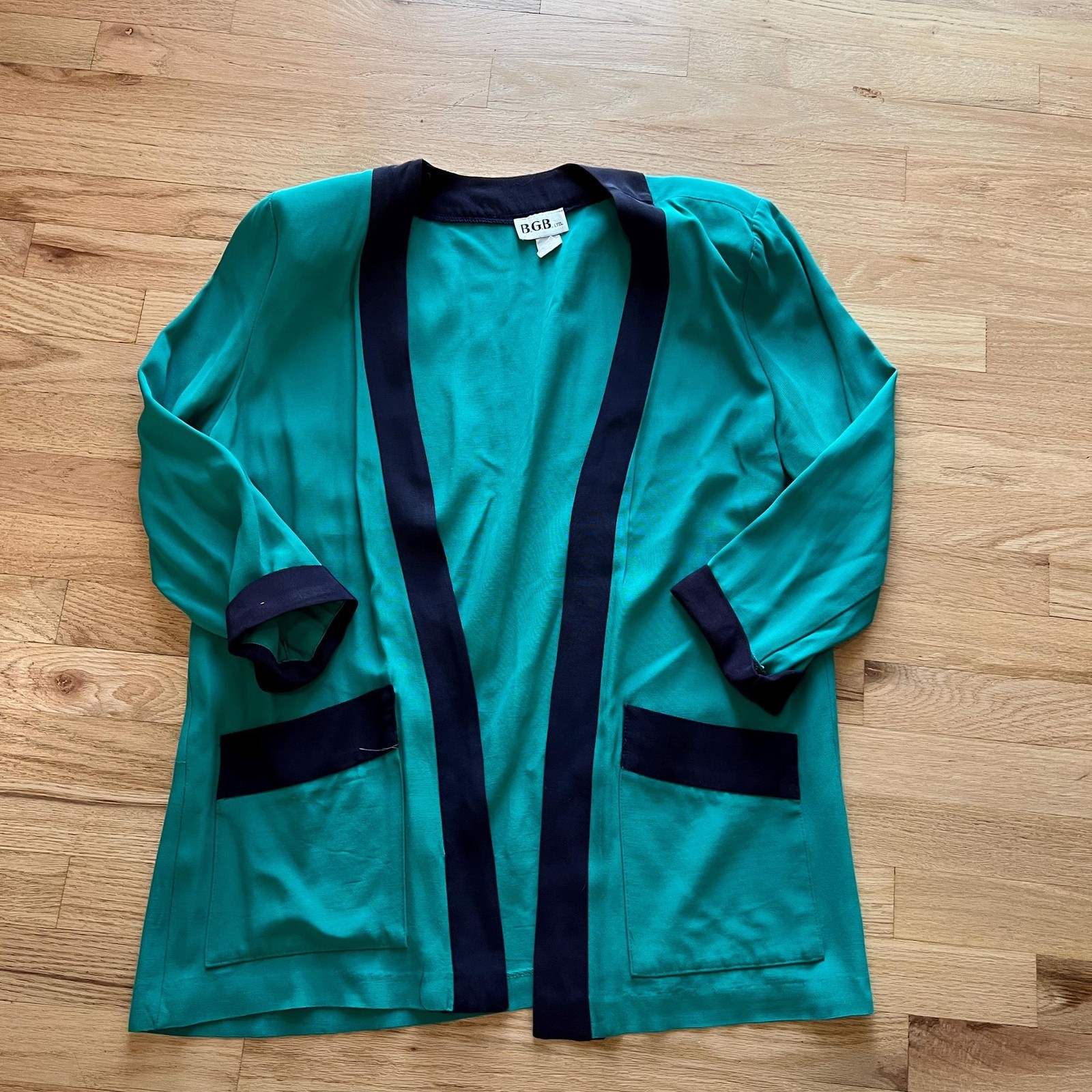 vtg 80s color blocked green open front blazer size 14 made in USA casual