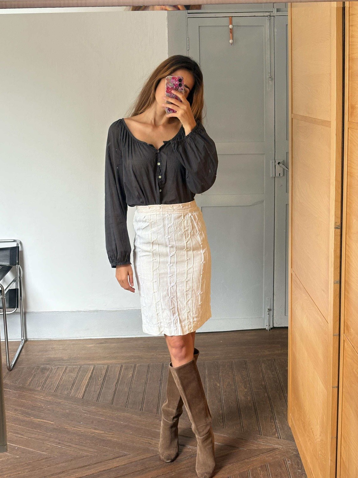 Vintage HANDMADE white textured pencil skirt, High Waisted Midi Skirt,