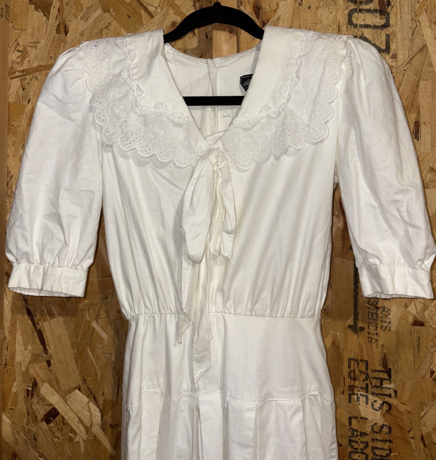 Vintage All That Jazz White Cotton Prairie Midi Dress Lace Collar Size S USA