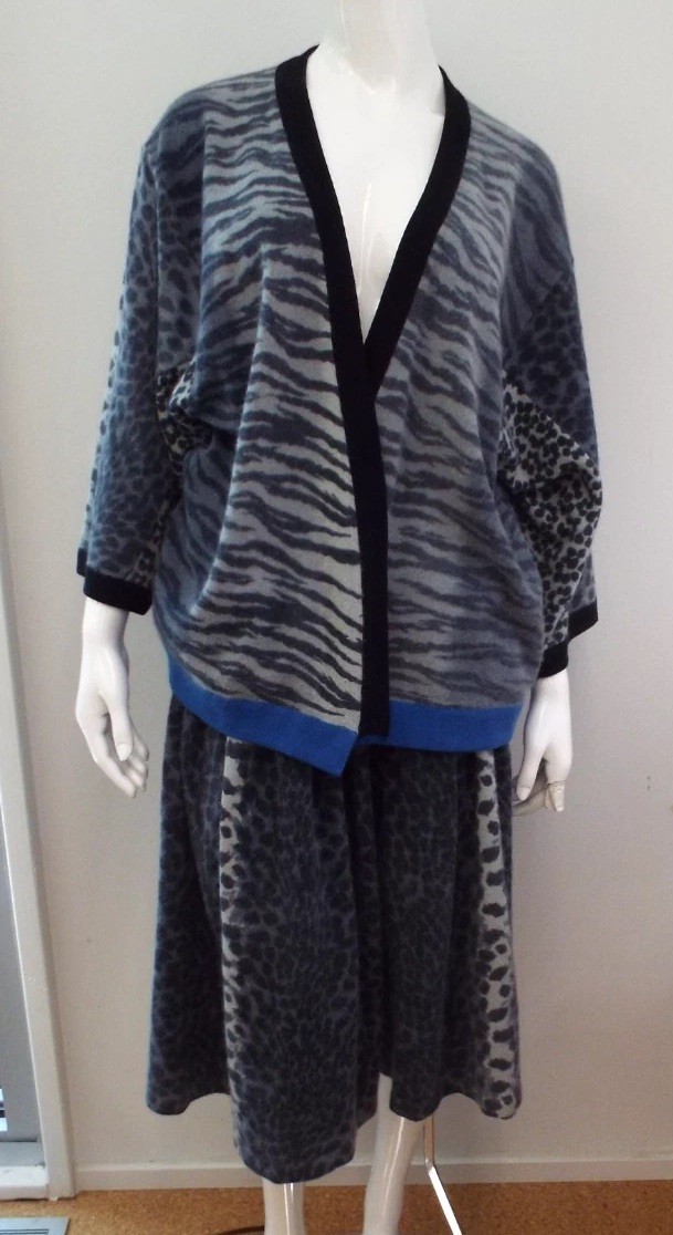 Vintage 1980s KENZO Sweater & Skirt Lambswool Angora Gray Animal Print Blue
