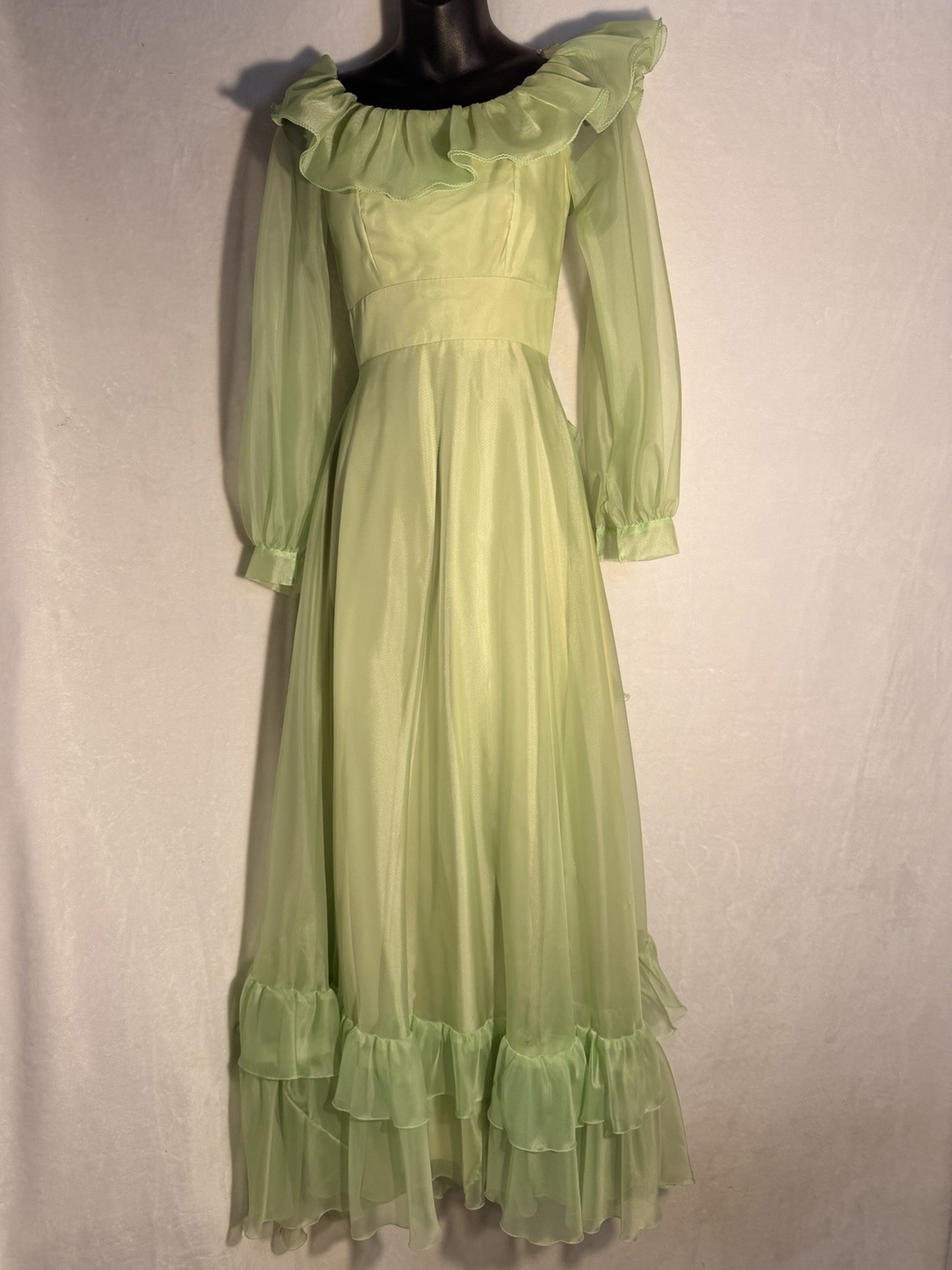 Vtg Mint Green Puffy Long Sleeve Maxi Cottagecore Prairie Ruffles Rare Dress