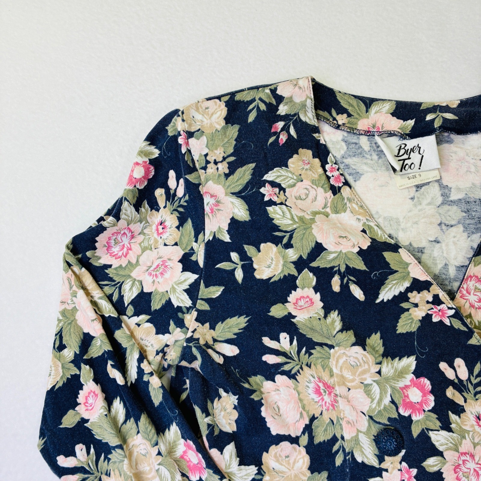 Vintage Byer Too Floral Cropped Jacket Navy Blue Pink 90s Made in USA Size 9