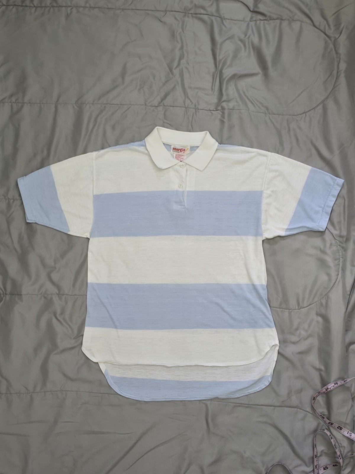 Vintage Energie Blue White Striped Polo Top High Low Hem Size L 80s Preppy