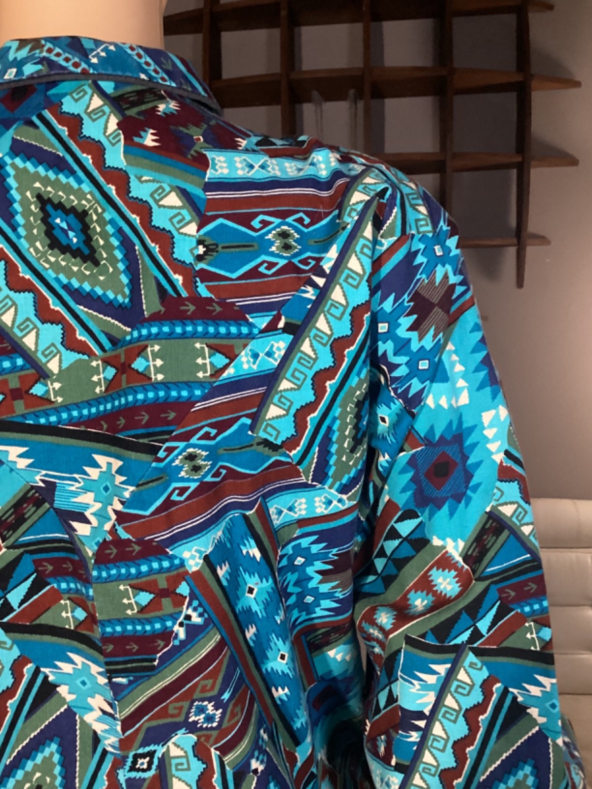 Vintage 90s Banjo Dallas Texas Womens Sz Small Western Shirt Aztec Aqua Blue