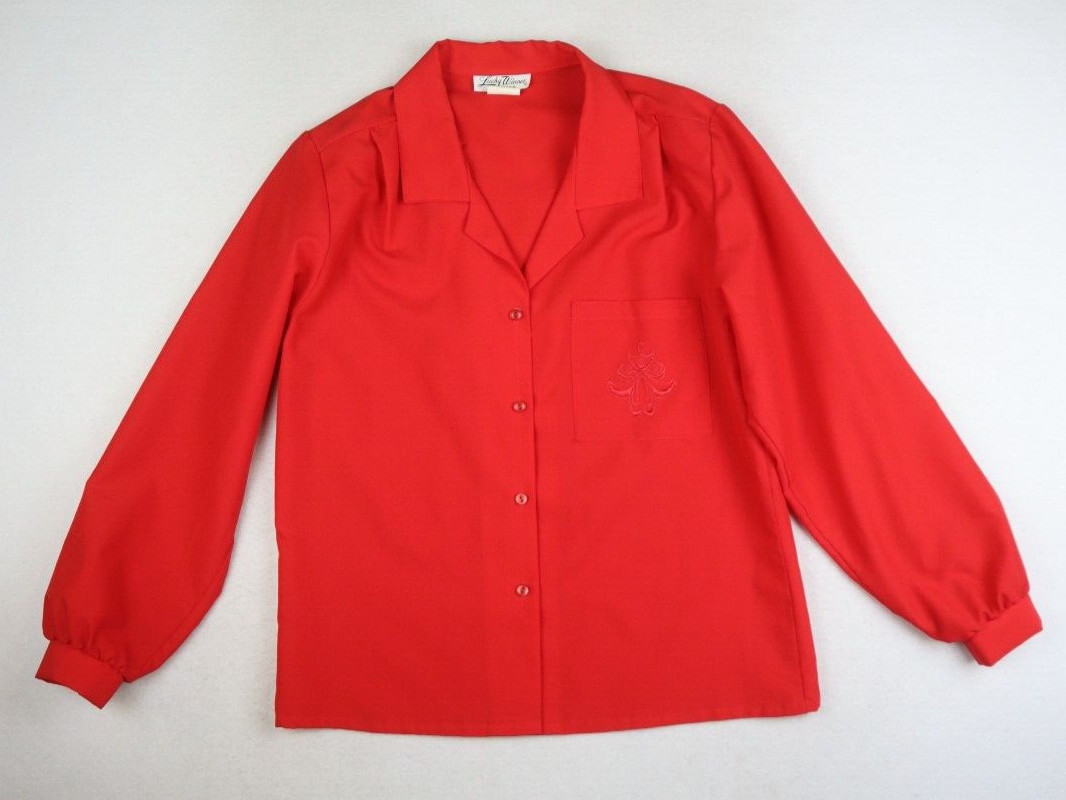 VINTAGE WOMEN’S RED LONG SLEEVE BUTTON-UP BLOUSE – LUCKY WINNER – SIZE 12