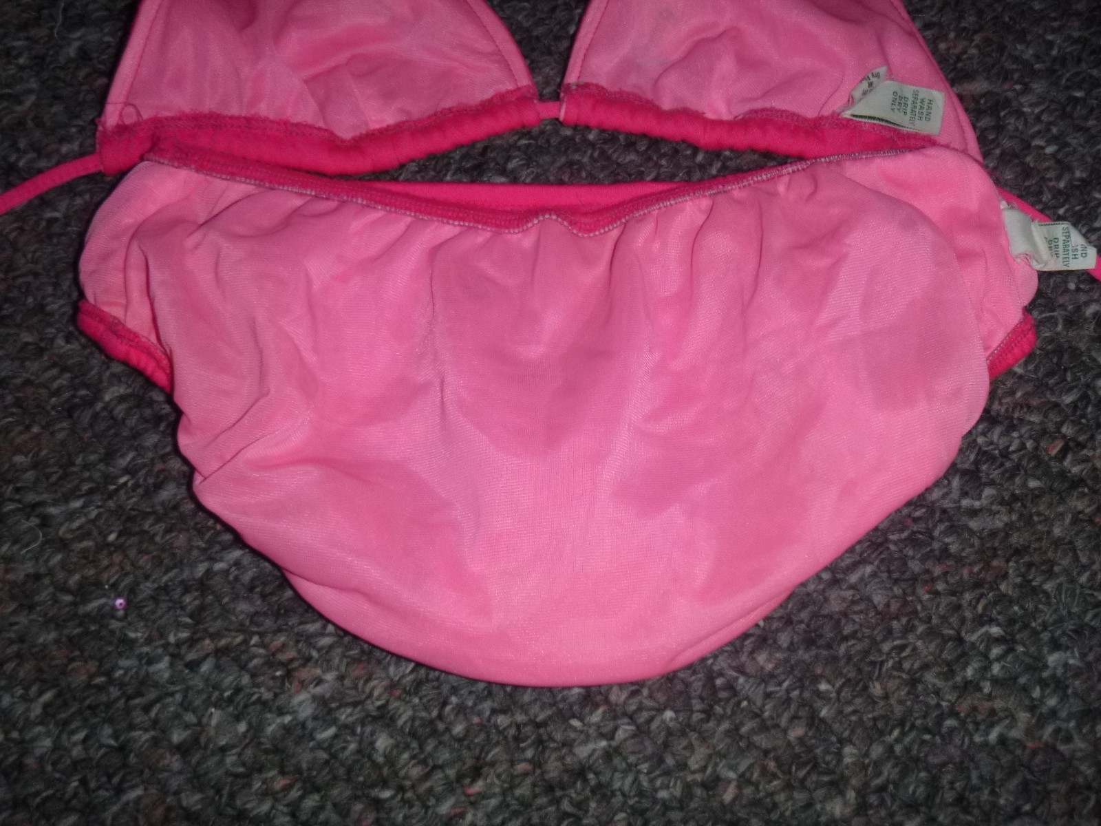 Vtg 70s Sears Jr Bazaar Hot Pink Knit Bikini Embroidered Flowers Heart Sz S