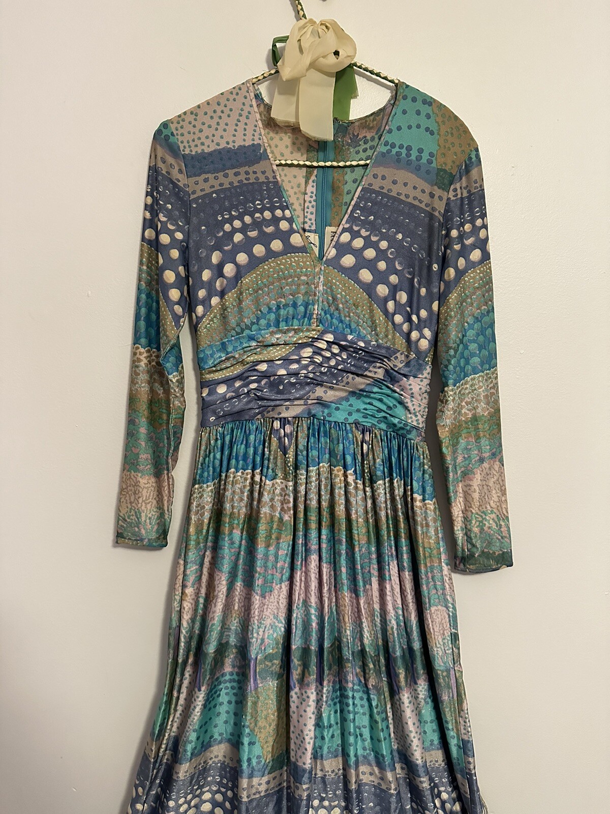 Vtg 1970s Robert David Morton Multicolor Polka Dot Jersey Mod Maxi Dress S