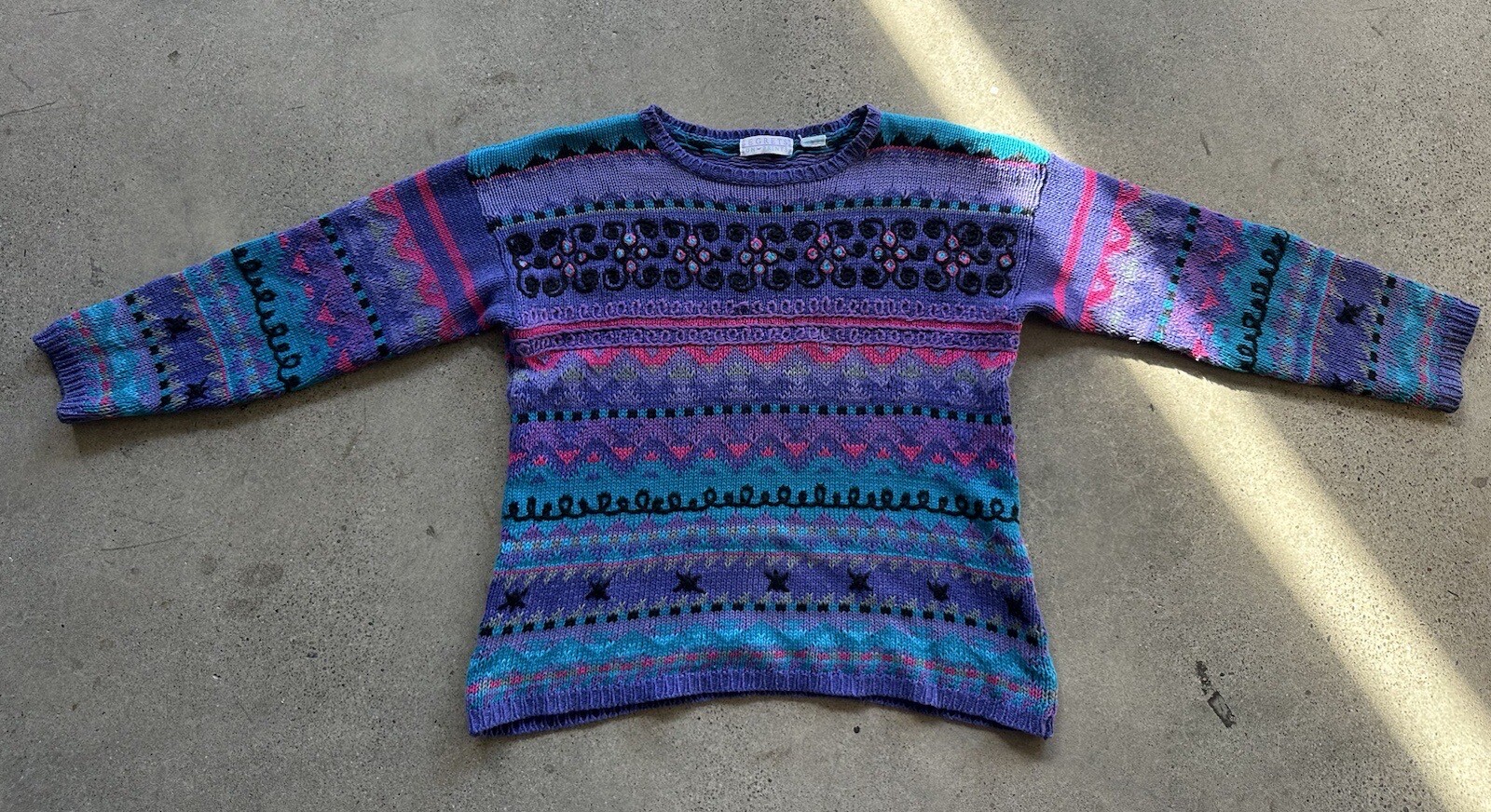 Vintage 1992 Segrets Sun Prints Purple Multicolor Embroidered Sweater Size L