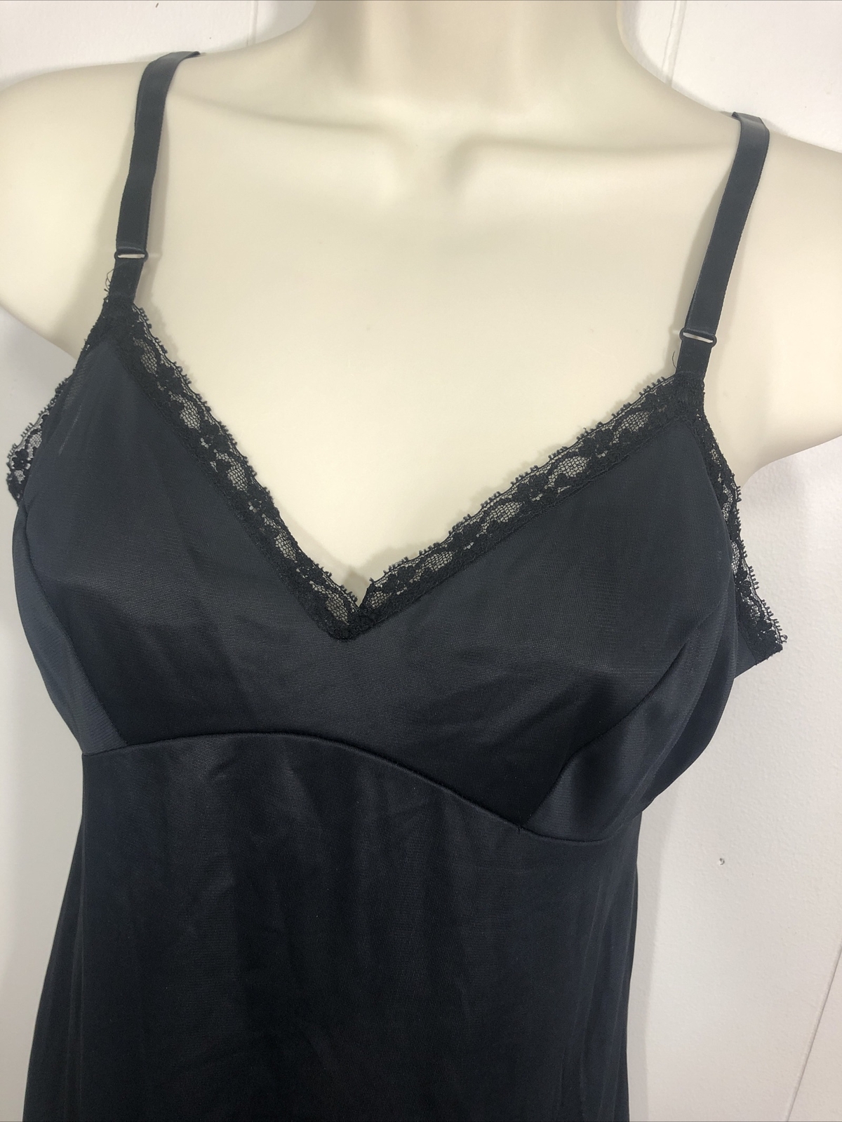 Vintage JC Penney 10/32 Black Nylon Full Slip Nightgown ILGWU Tag Lace Trim Sexy