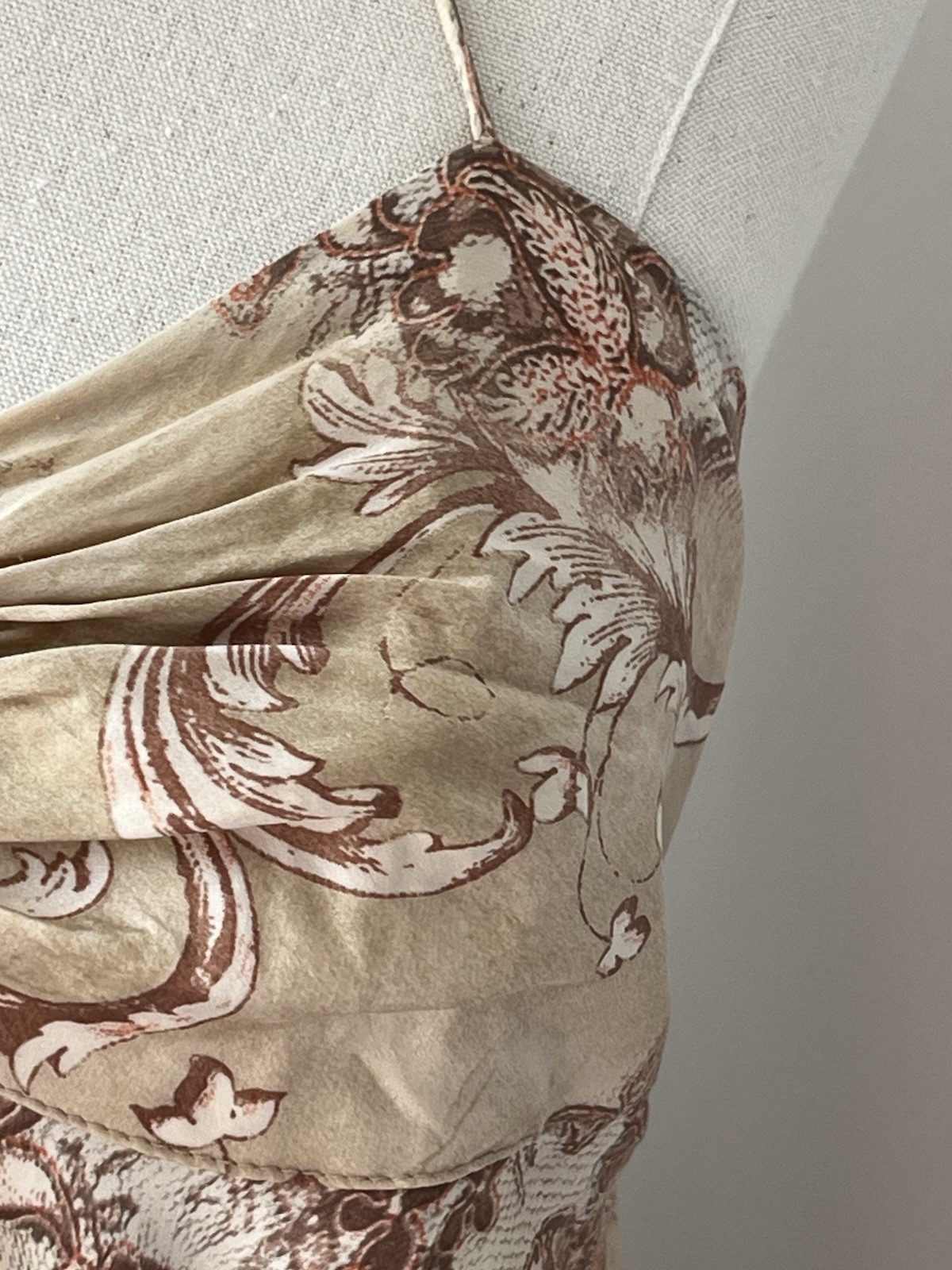 VTG IN LOVE PARIS 100% Silk Dress T1 S Made France Designer Lace Halter Boho Tan