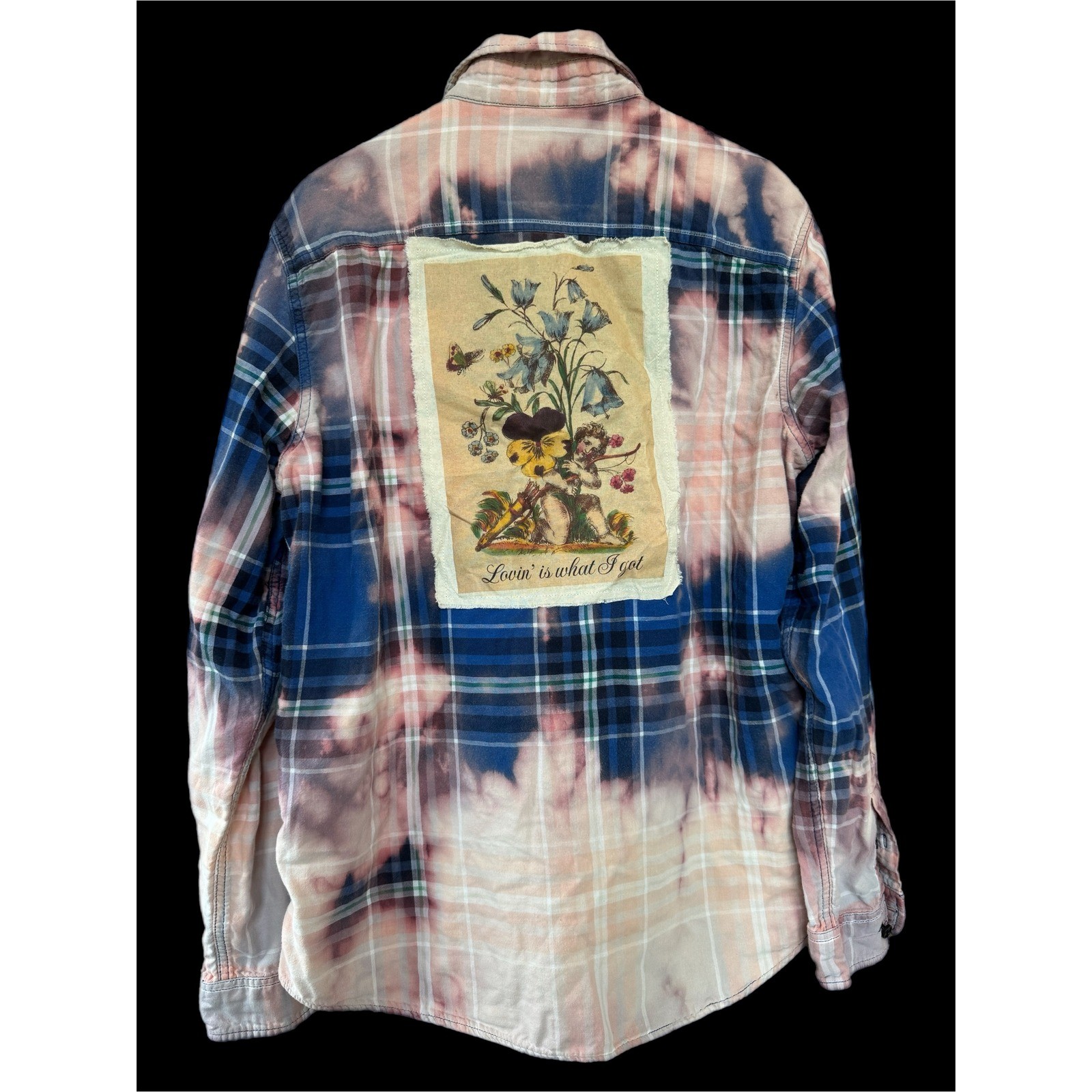 Lovin’ Is What I Got” Bleached Cotton Flannel Shirt Large Folk Art