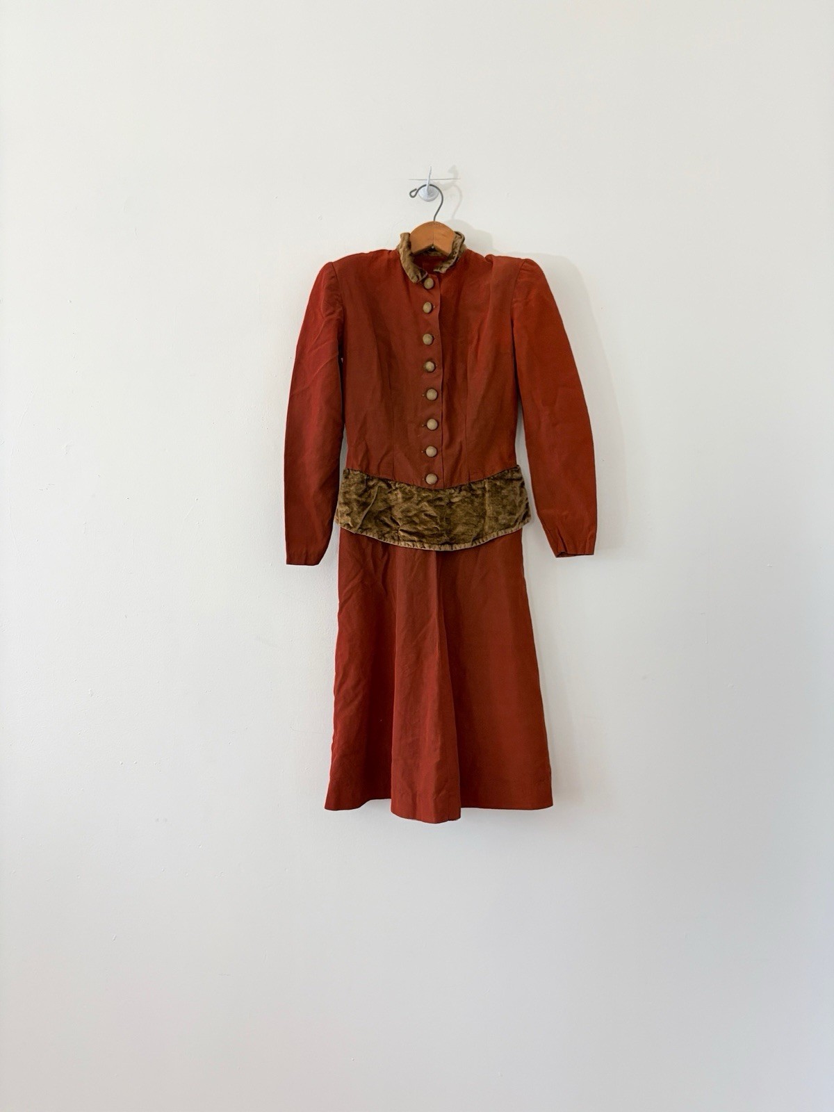 40s Rayon/Velvet Pointed Collar Long Sleeve Midi Dress Victorian Edwardian XS S