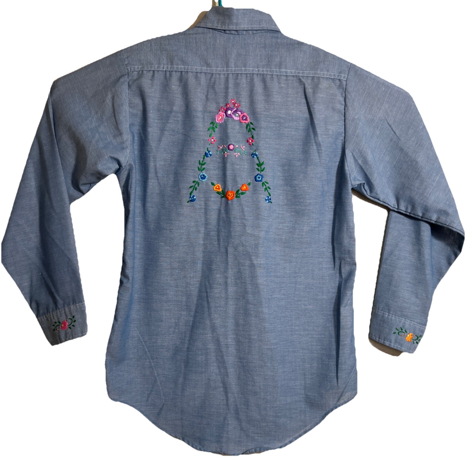 Vintage 70s JC Penney Big Mac Shirt Womens Small Blue Embroidered Cottagecore