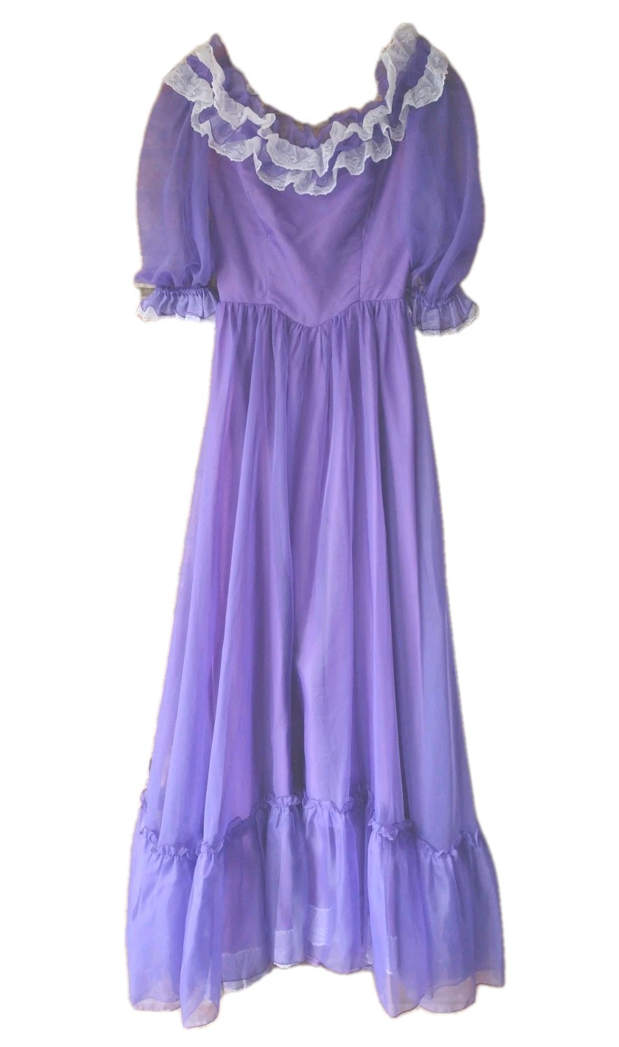 Vintage 70s Purple Chiffon Prairie Gown Lace Ruffles Satin Lining Formal Sz S