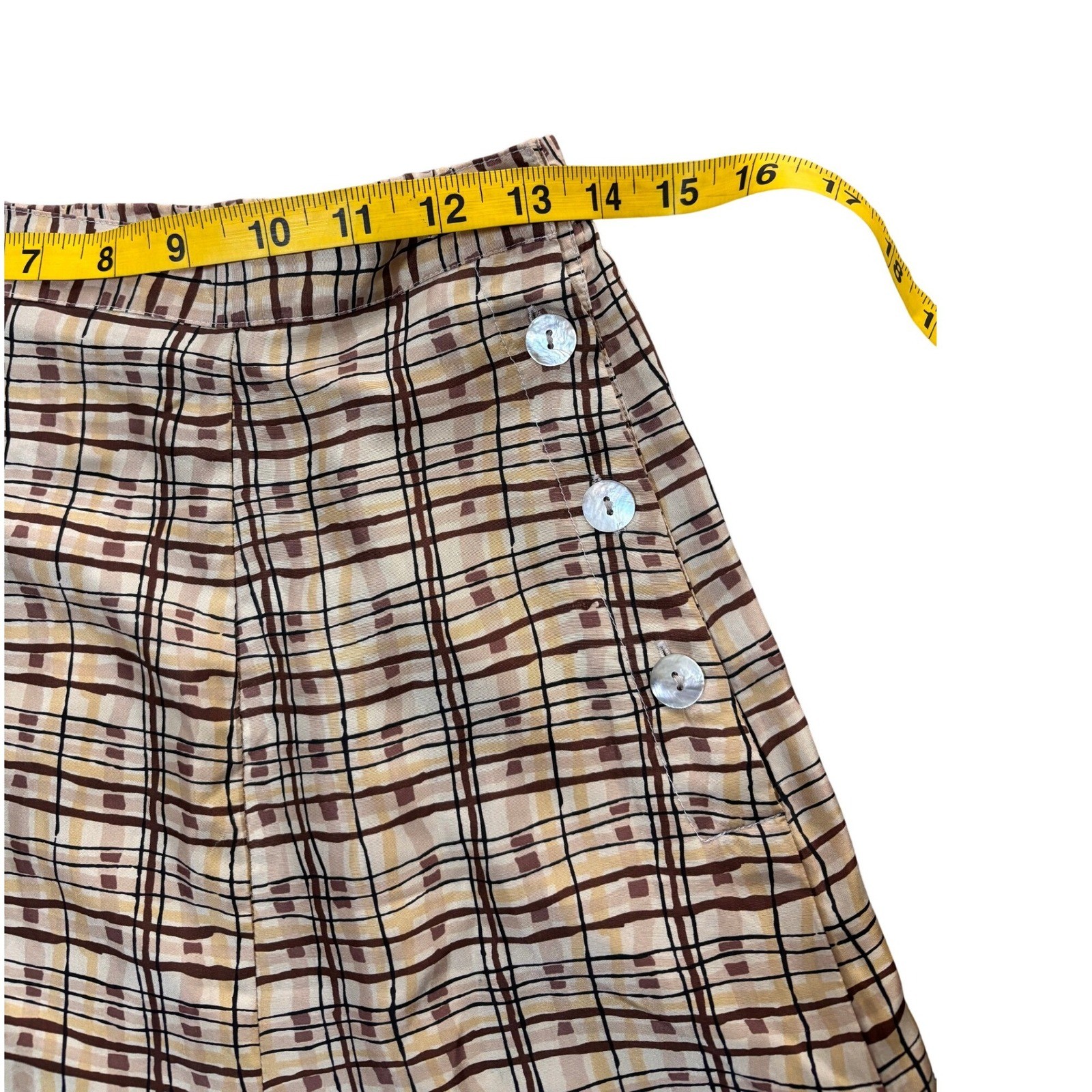 Plaid A-Line Melrose Studio Petites Button Side Tan Brown Midi Skirt Vintage