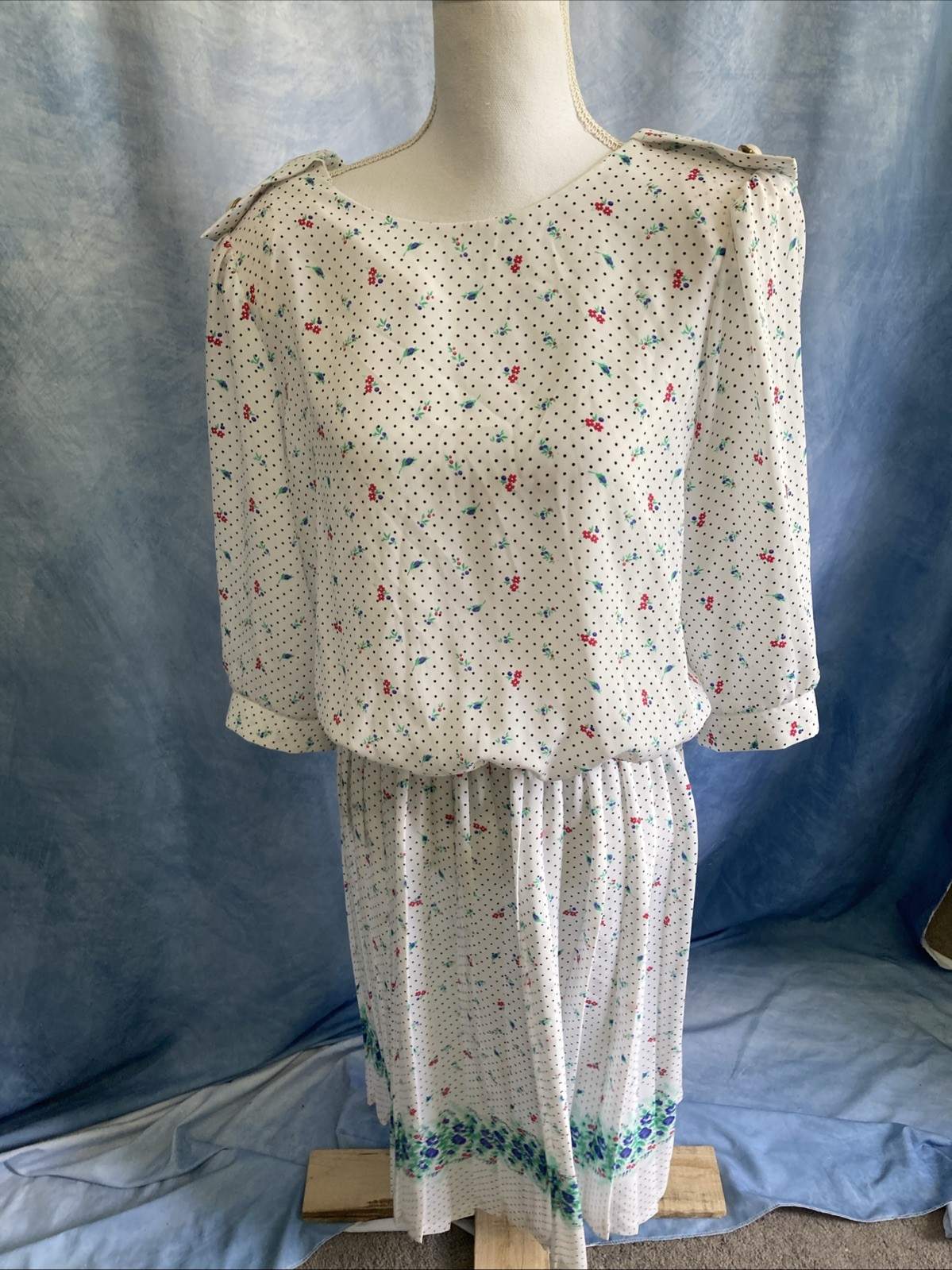 Vtg 80s Breli Union Made Midi Dress 16 Secretary Floral Polka Dot Pleated Sheer