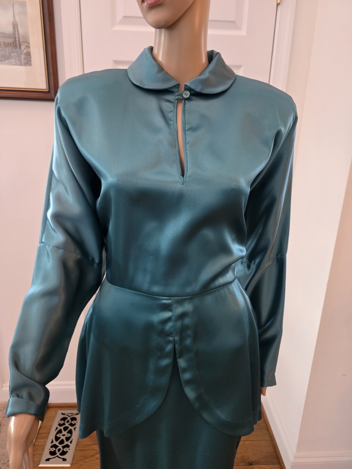 Unique Vintage 1980s Norma Kamali Green Satin Cocktail Midi Dress with Peplum