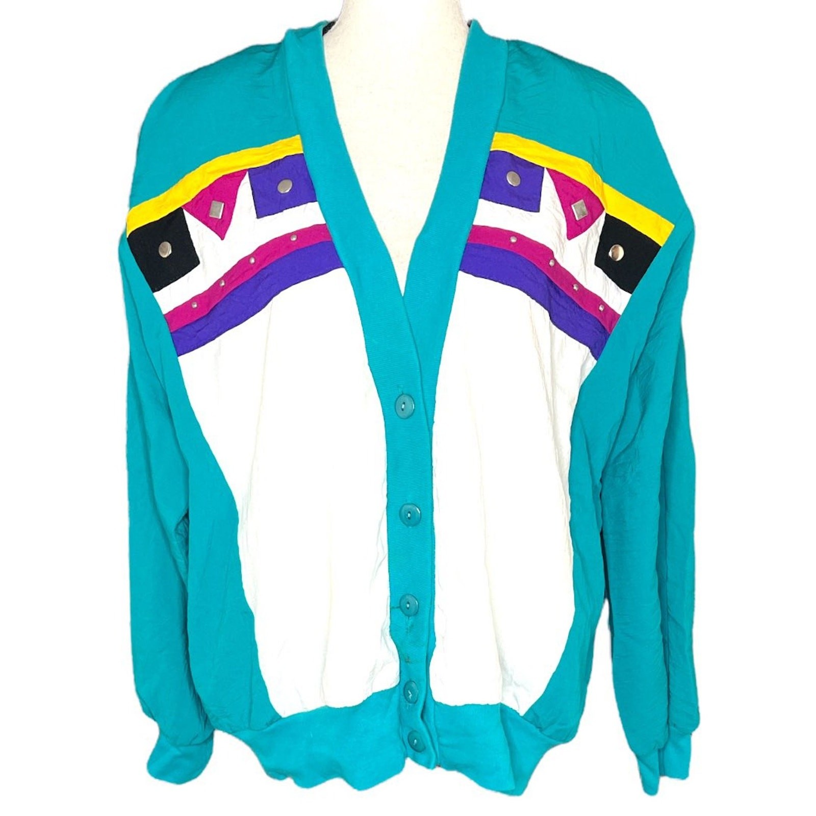 Vintage 80s Teal Colorblock Windbreaker Jacket Geometric Studded Large