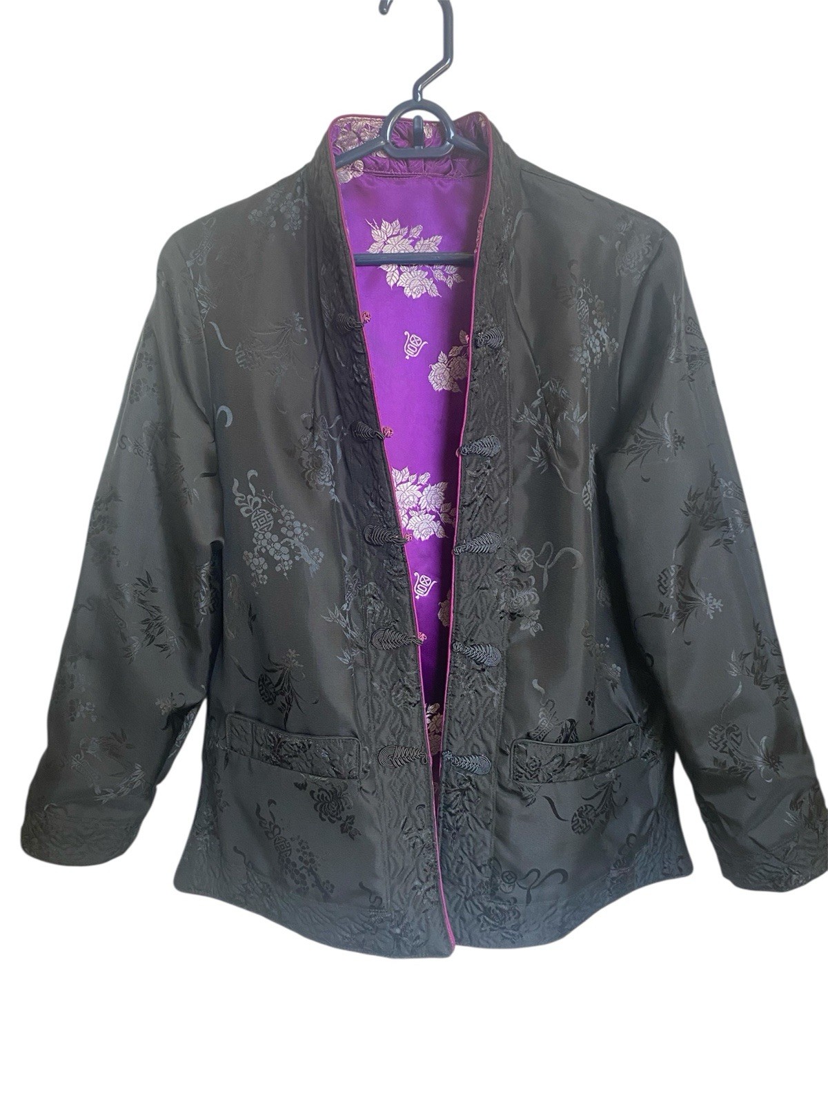 Vintage Chinese Purple Satin Brocade Jacket, Reversible/Floral Embroidery S/M