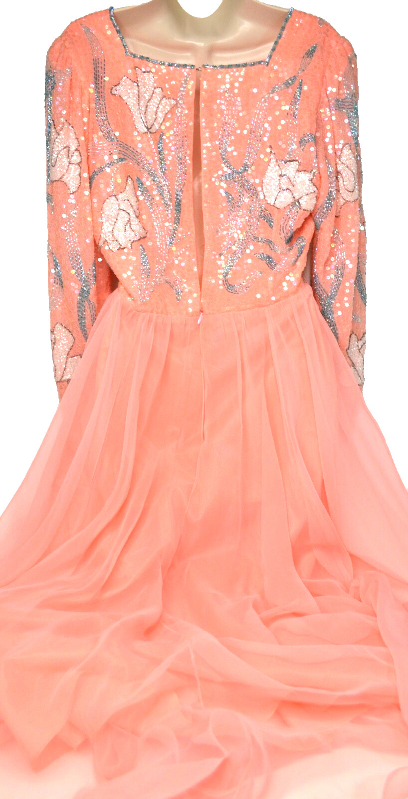 Romantic Vtg Jack Bryan Peach Chiffon Gown Sequins and Beads Long Sleeve Sz 10
