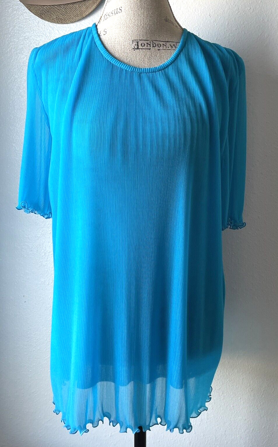 Archa Paris Womens Blouse L Blue Crepe Blouse Plisse France Luxury VTG NEW