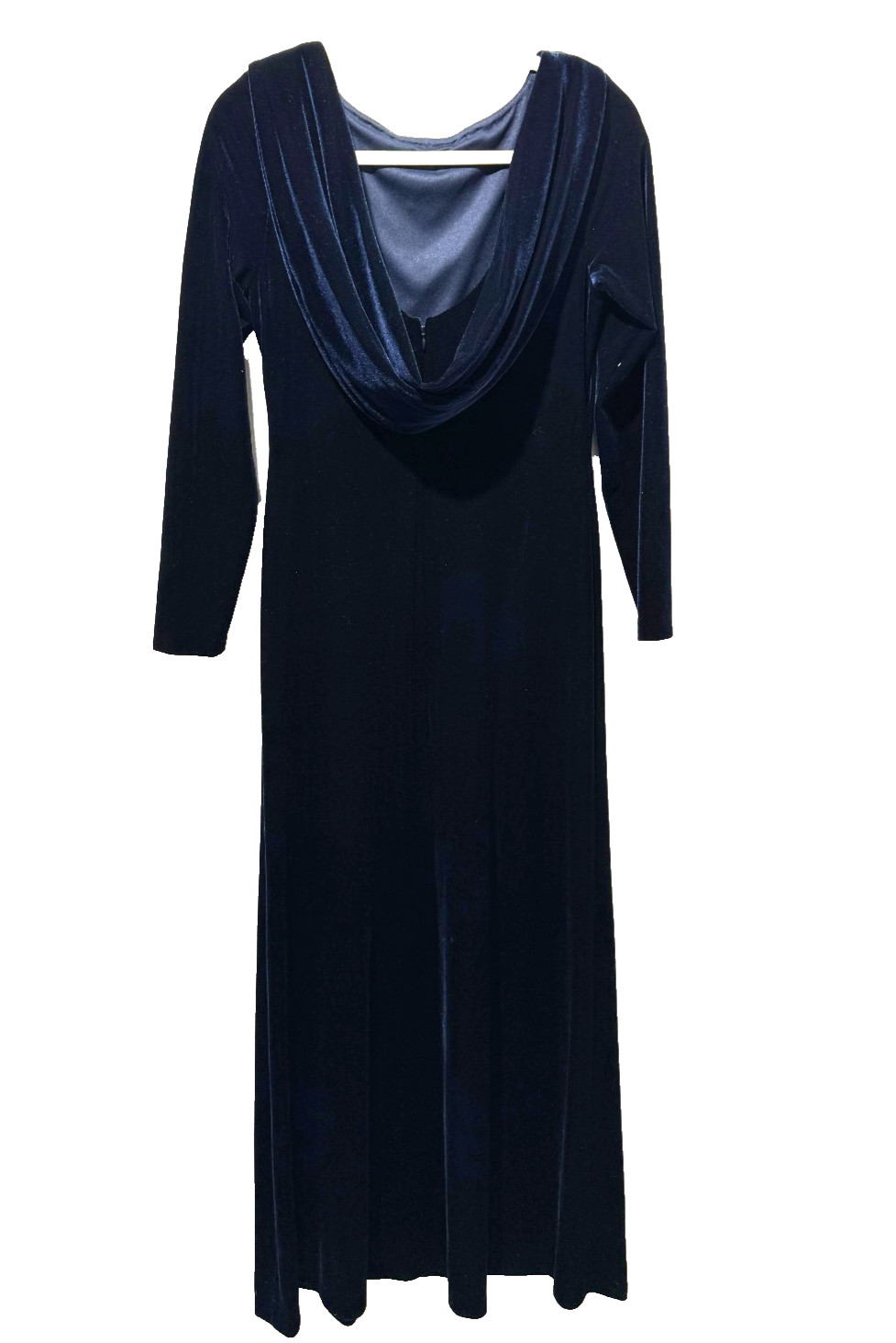 90s Midnight Blue Velvet Maxi Dress Evening Beaded Drape Back 8 Lawrence Kurtz