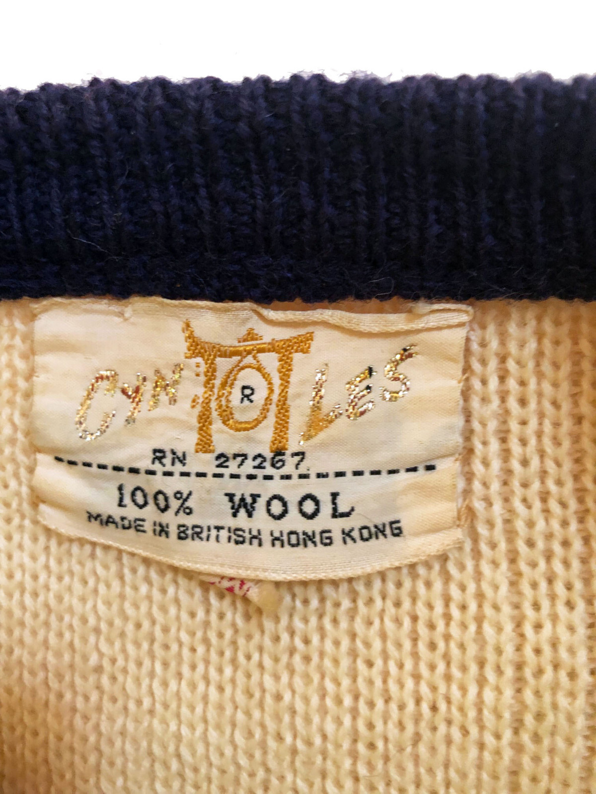 VTG 60s Ivory Wool Navy Trim Gold Button Cardigan w Sailing Boating Embroidery M