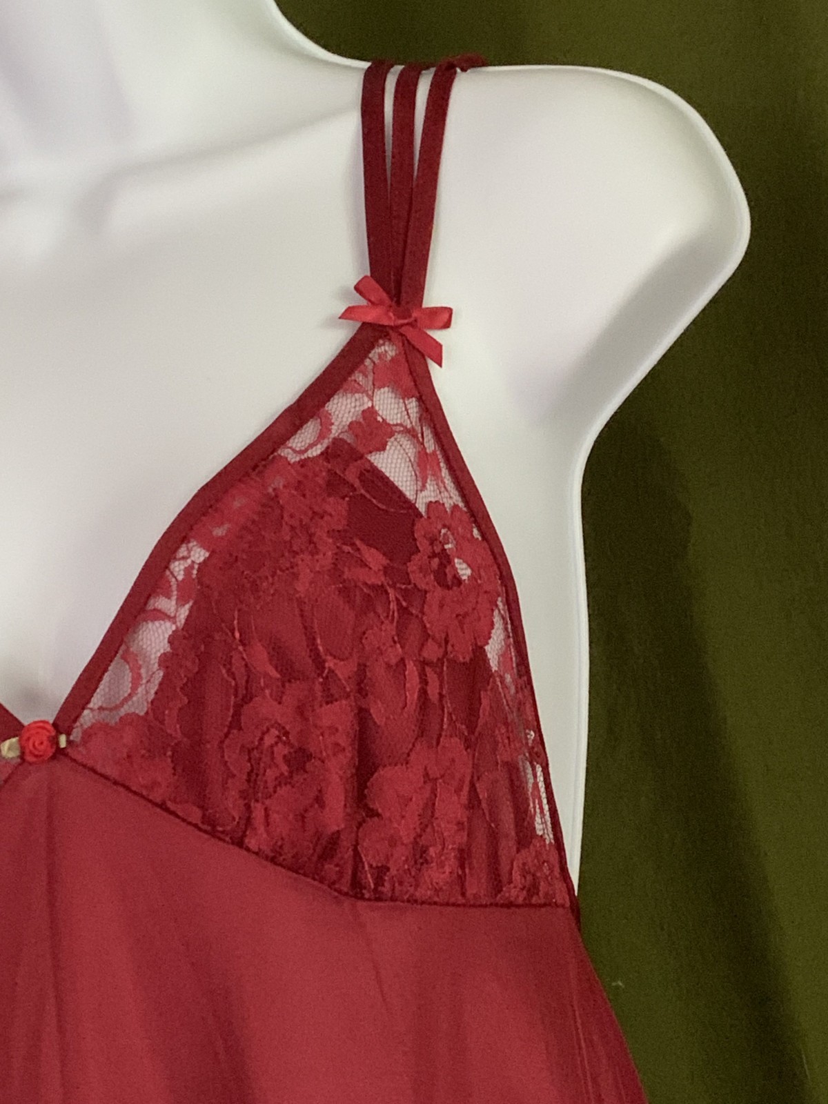 Vtg Nylon Lace Triple Strap Cross Back Maxi Nightgown Merlot Petra Fashions Sz S