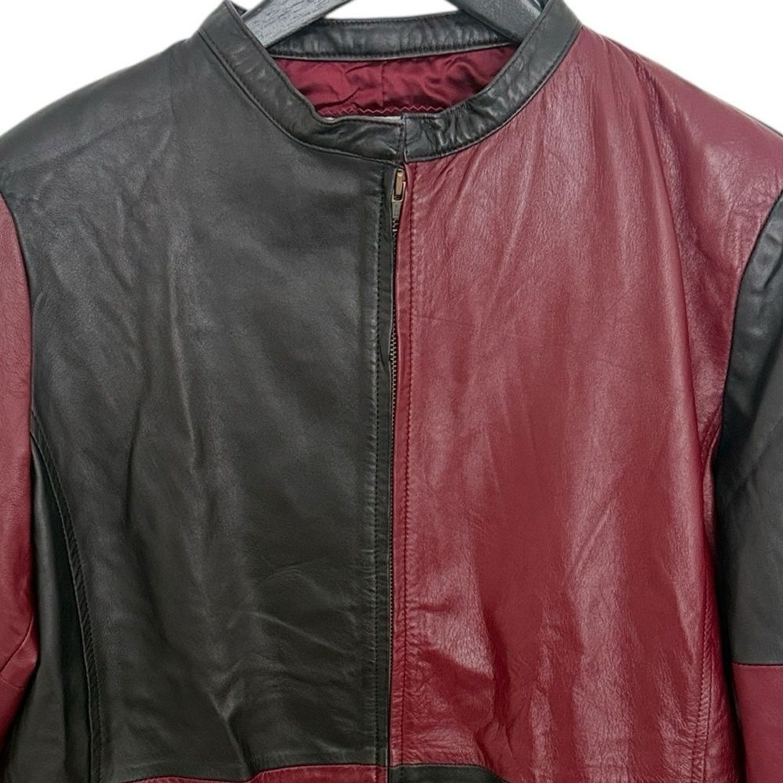 Forenza Vintage 80s Italian Black Wine Red Color Block Leather Jacket Sz XL