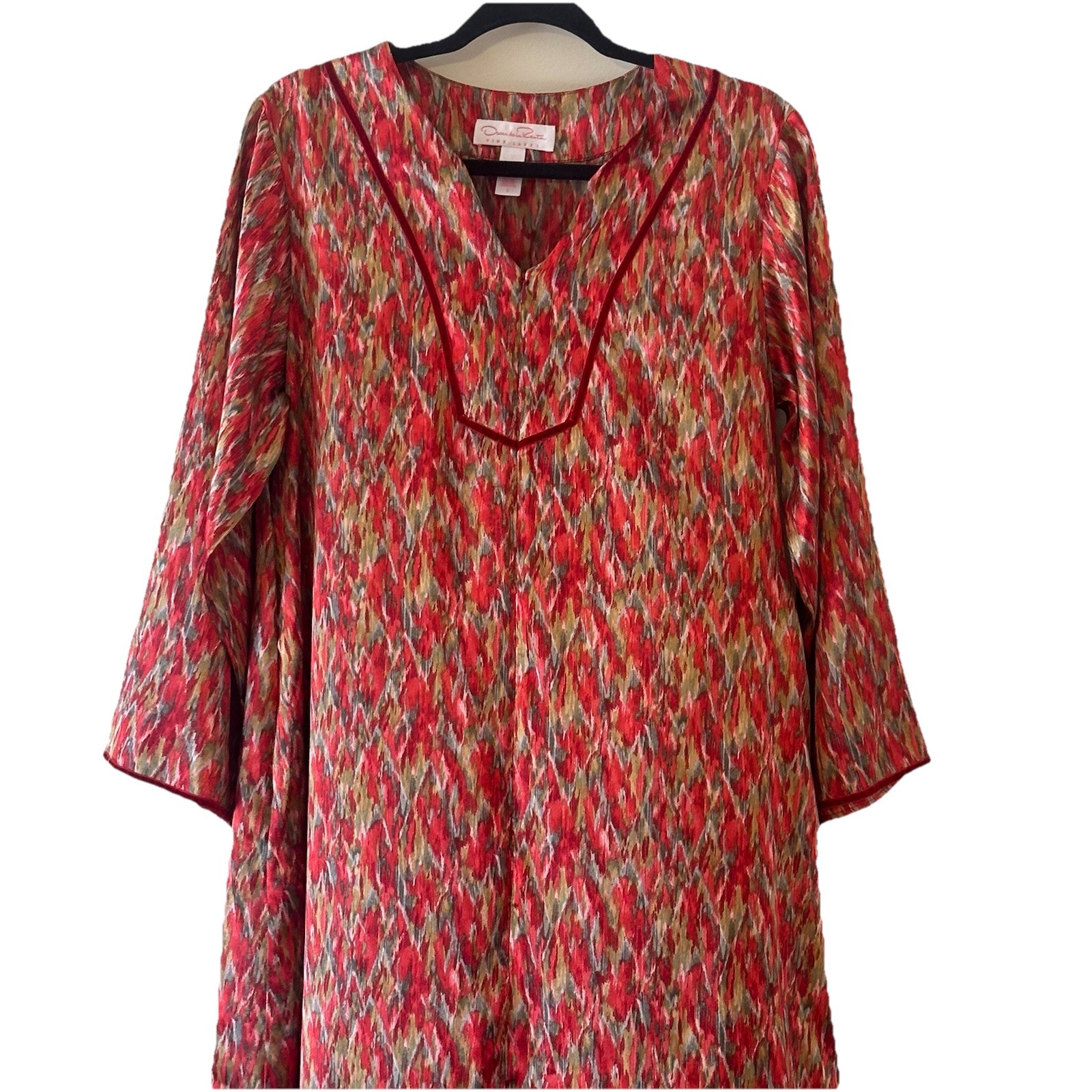 Oscar de la Renta Geometric Satin Pockets Caftan Dress Muumuu Half Zip Sz Small