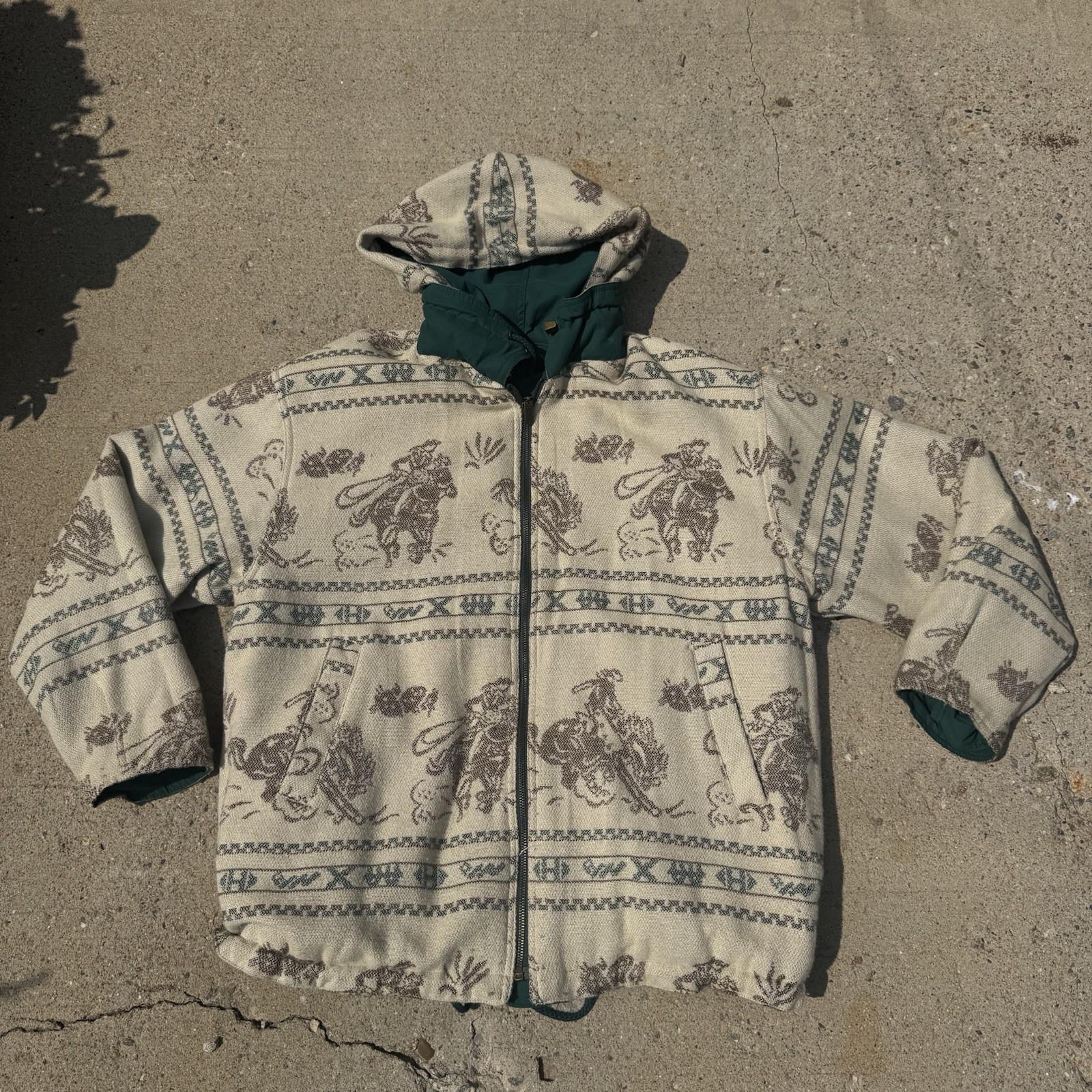 Vtg IZZI Reversible Full Zip Jacket Sz M Hooded Horseback Western Cowboy Cowgirl