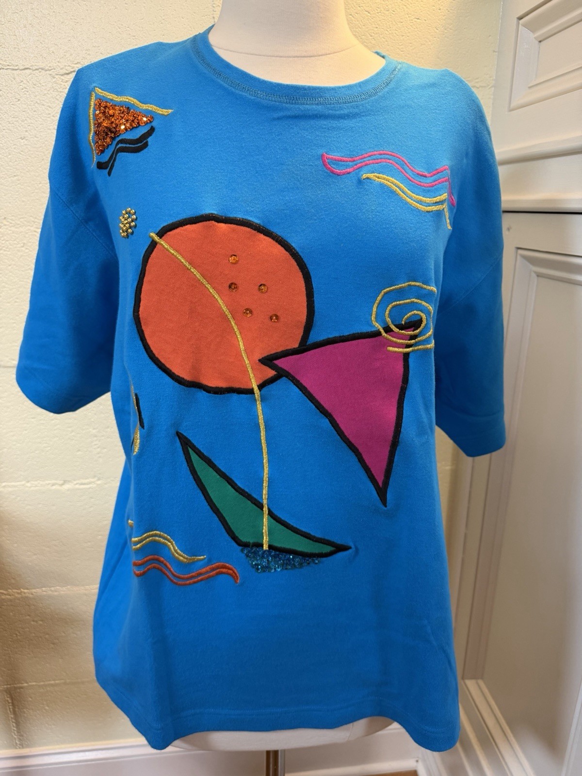 Regina Porter Vintage Top M Blue Abstract Sequin Beaded Art Shirt 80s 90s