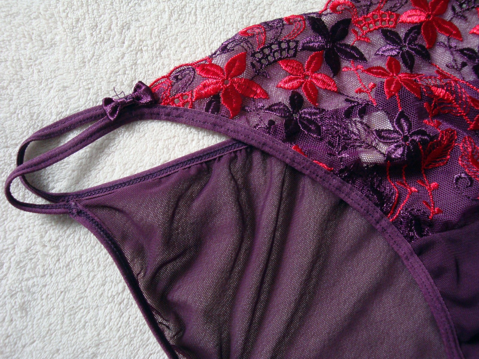 Vintage 7 L Purple Mesh Double String Bikini Panty w/ Floral Lace & Bows