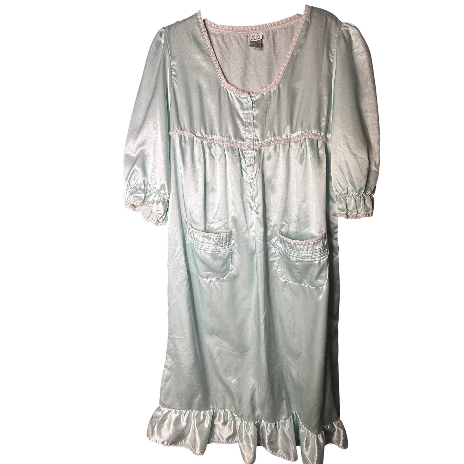Sedu Vintage Mint Green Satin Eyelet Lace Nightgown Ruffle Hem Womens Medium
