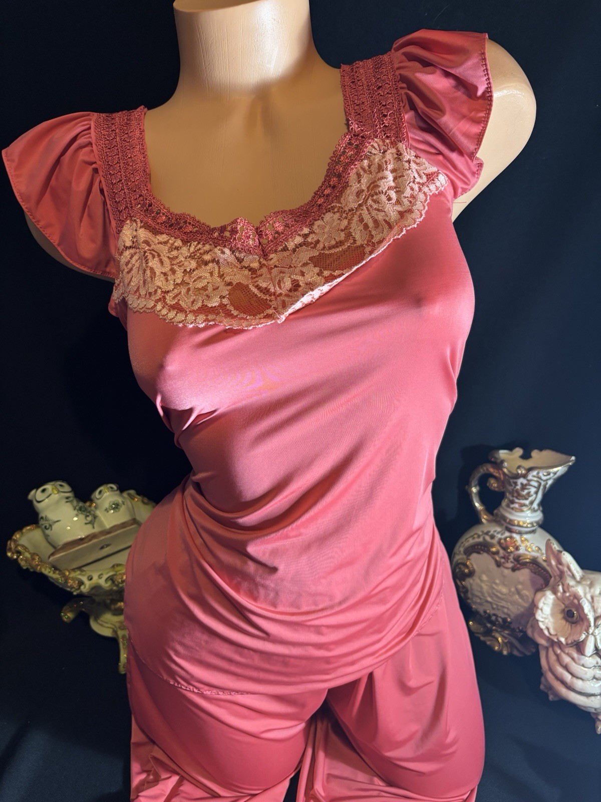 Vtg Satin Chantilly Lace Nightie Lounge Capri Pants Top Blouse Dress Frilly Set