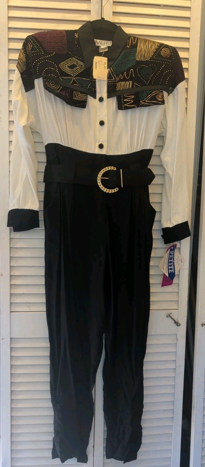 Vintage 80’s Menu Jumpsuit Black Cream Graphic Paint Design NWT Sz 3/4. W1