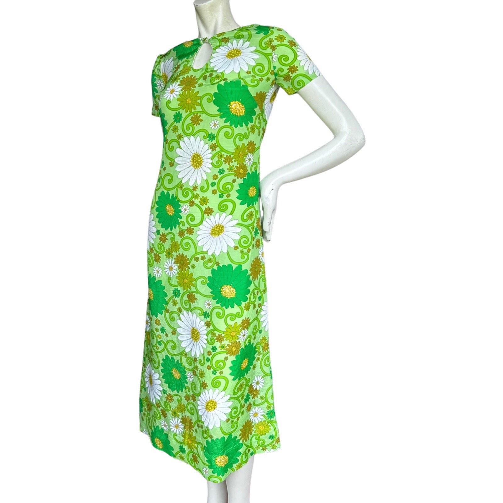 Vintage 60s 70s Handmade Floral Psychedelic Keyhole Neckline Midi Dress XS?